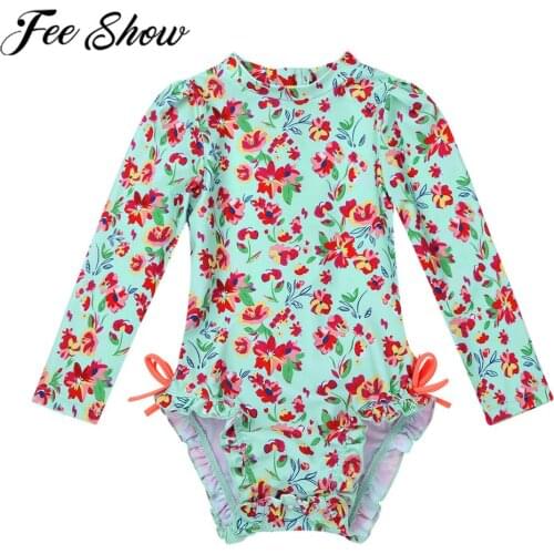 Infant Baby Girls One-piece Long Sleeves Swimsuit Floral Printed Ruffled Bottom Swimwear Bathing Suit Rash Guard for 0-24 Months
