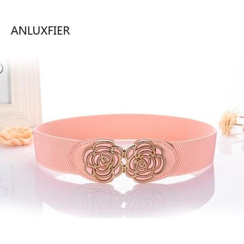 H9848 Lady Elastic Belt Rose Shape Buckle Wide Waist Seal Women Top Grade Fashion Waistband Elegant Casual Luxury Cummerbunds