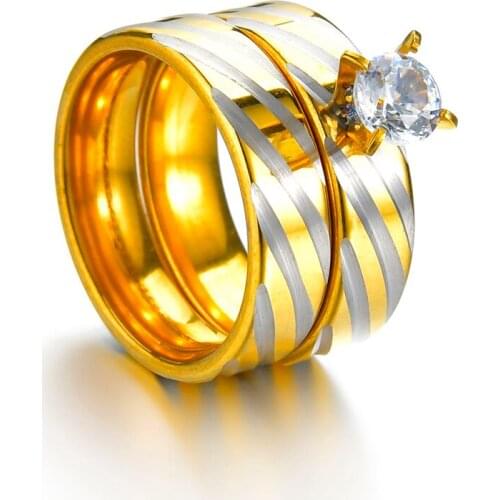 White Zircon Gold Stainless Steel Lovers Crystal Ring Jewelry Men Women Wedding Engagement Couples Rings Band 2pcs/Set