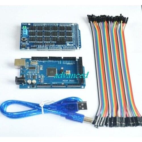 4 in 1 Kit Mega 2560 ATmega2560 + Sensor Shield V1.0 Expansion Board + USB Cable + DuPont Line- Blue