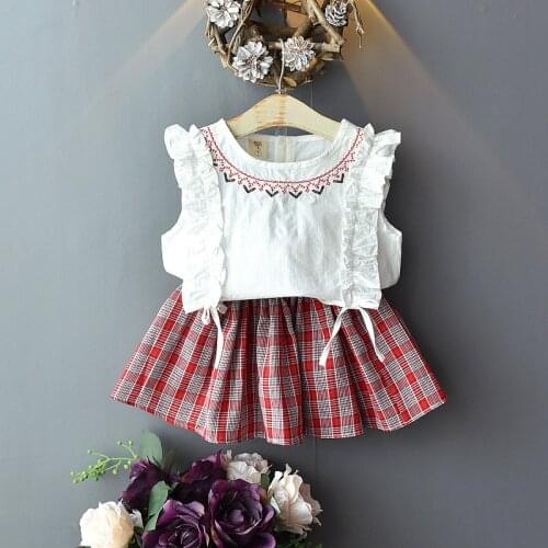 Girls' dress suit 2021 fashion foreign style childrens lace sleeve lattice skirt two piece set Korean version 9985