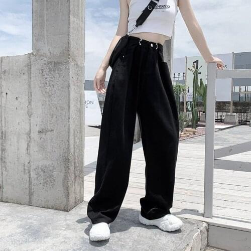 Autumn new buttoned high-waisted denim pleated mopping trousers BF hyuna style old pants wide-leg pants black straight