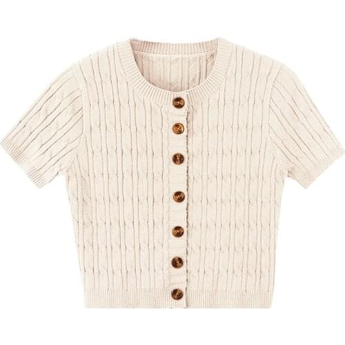 PERHAPS U Beige Button Knitted Top Short Cropped Short Sleeve Crew Neck Solid Summer Sexy Casual B0694