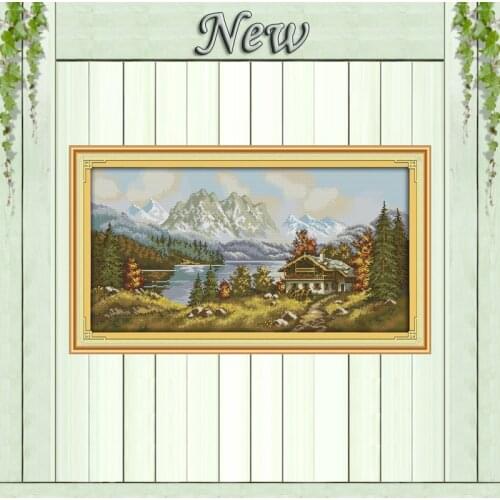 Landscape people Snow mountain Scenic painting,Counted print canvas DMC 14CT 11CT NKF Cross Stitch Needlework kit Embroidery Set