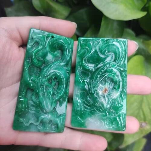 Jade pendant full of green ice glutinous dragon, phoenix, deer, unicorn, large pendant with floating flowers on white background