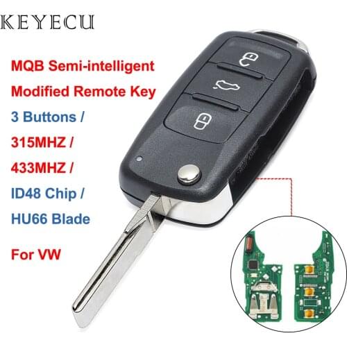 Keyecu MQB Semi-intelligent Modified Remote Car Key Fob 3 Buttons 315MHz/ 434MHZ ID48 Chip for Volkswagen - HU66 Blade