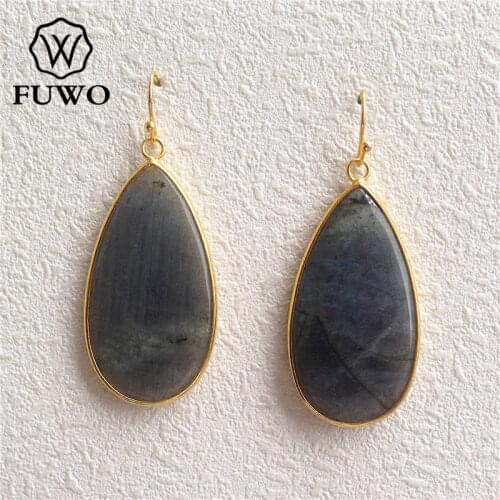 FUWO Turquoises labradorite tear shape Natural Stone Drop Earrings 24K Gold Electroplated Dangle Earrings Bohemian Jewelry ER009