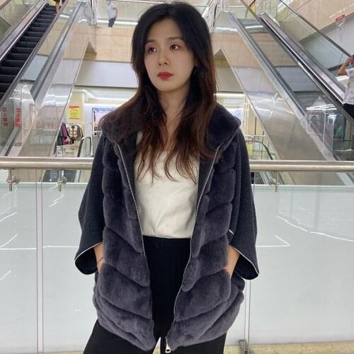 Delightful Fur Coat Women Real Rex Rabbit Fur Jacket Fashion Bat Type Wool Blends Sleeve Outwear Female Casual Overcoat