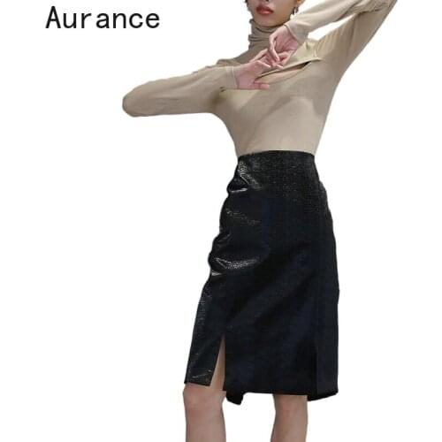 [Aurance]Pu Leather Side Split Black Front Vent High Waist Temperament Half-body Skirt Women Fashion Tide New Spring Female 2021