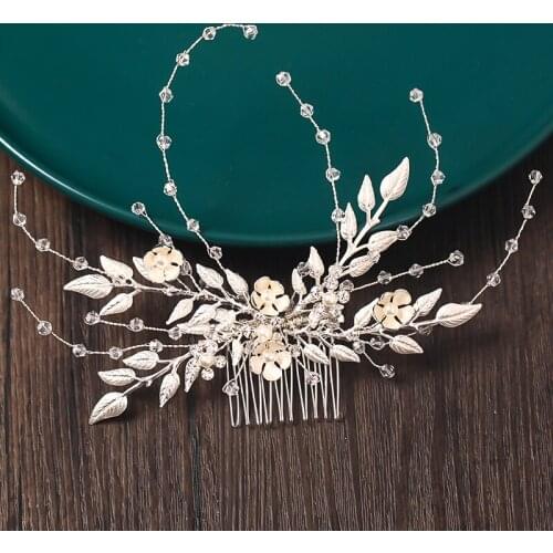 Silver Flower Leaf Women Wedding Accessories Elegant Bride Hair Jewelry Comb Headpiece