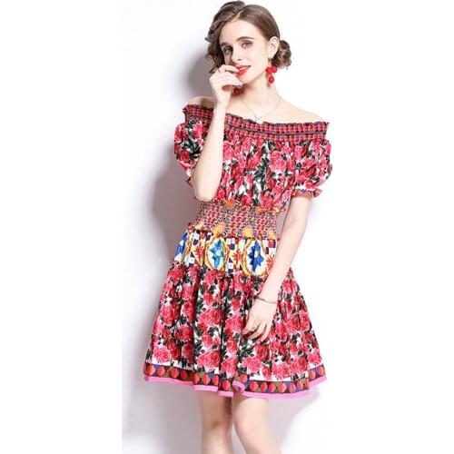 Red Rose Print Summer Mini Dress Women Slash Neck High Waist Runway Party Dress Vintage Sexy Pleated Dress Retro Elegant k9871