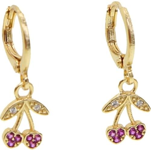 2019 summer beach cherry charm earring gold silver color cute fruit cz paved fashion women drop charm cz gorgeous earring