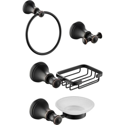 Oil Rubbed Bronze 4-Piece Bathroom Hardware Accessory Set towel ring Robe hook soap basket soap dish