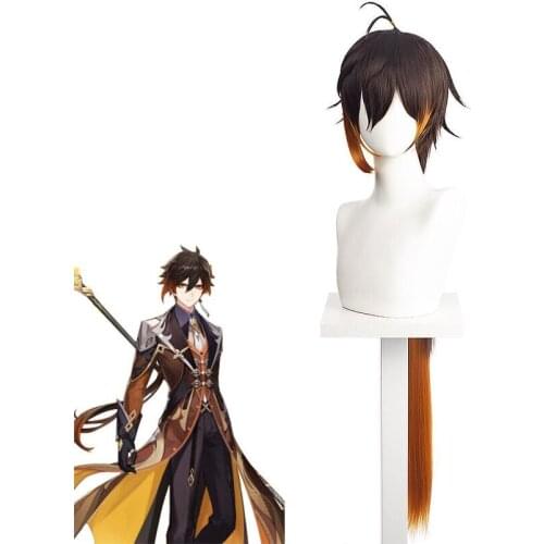 Genshin Impact Zhongli Cosplay 90cm Long Christmas Brown Orange Wig Cosplay Anime Wigs Heat Resistant Synthetic Wigs Halloween