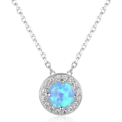 Blue Opal Stone 925 Sterling Silver Women Necklaces Clear Round CZ Pendant Necklaces Sterling Silver Jewelry Birthday Gifts