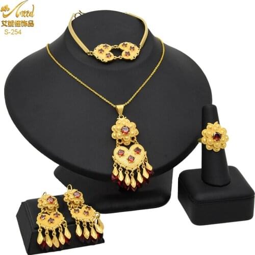 Indian Gold Plated Jewelry Set Wedding Bridal Dubai Gold Ethiopian Jewellery Set African Nigerian Necklace Woman Party Gift