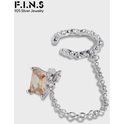 F.I.N.S 1 Piece Fold Surface 100% S925 Sterling Silver Ear Clip No Piercing Square Cubic Zirconia Studs Catilage Fine Earrings