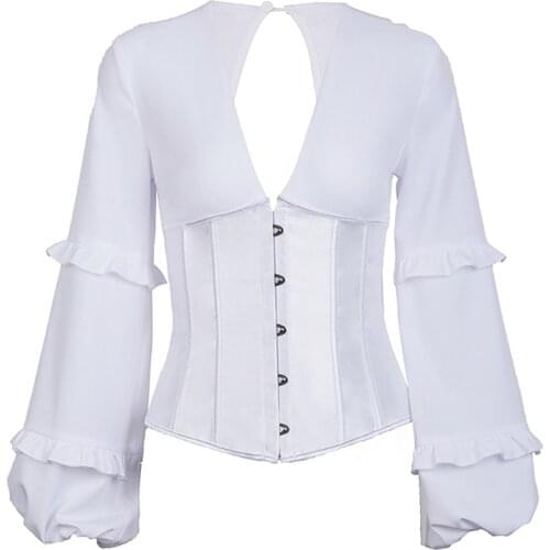 Vintage Corset Womens Shirts Sexy Bustier Long Sleeve Black Gothic Tops Lace Up Korsett for Women White Shirt Female Blouses