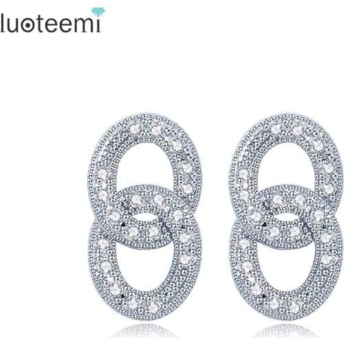 LUOTEEMI Elegant Double Round Stud Earrings White Gold-Color Micro Paved Shining CZ Geometric Brincos for Girl Christmas Gifts