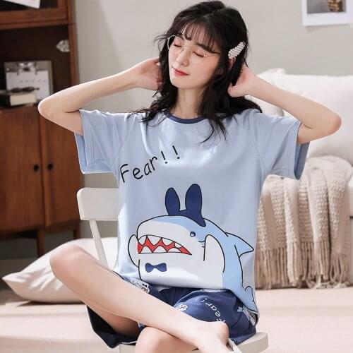Cute Cartoon Printed Pajamas Set Casual Short Sleeved T-Shirt Sleepwear Nightwear suits summer cotton women sets Womens Homewear
