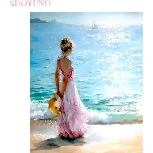 SDOYUNO diy painting by numbers kit for adults seaside girl landscape acrylic paints for painting Unique Gift For art Home Decor