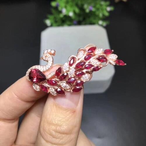Natural red ruby brooch S925 silver Natural red garnet brooch Pendant trendy long bardian Peacock women two wears party jewelry