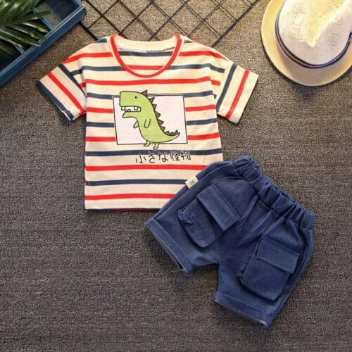 New 2021 Korean Summer Cartoon Striped Short Sleeve T-Shirt Tops+Jeans Multi-Pocket Shorts Baby Boys Girls Clothes Children Set