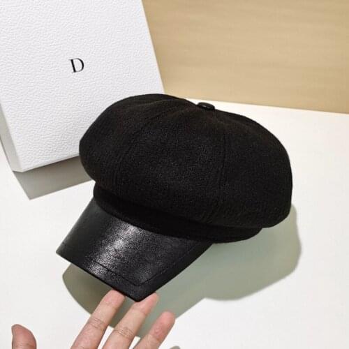 2021 New Octagonal Hats For Women Autumn Winter Berets Square Brim Pu Leather Patchwork Pumpkin Knit Hat Fashion Casual Cap
