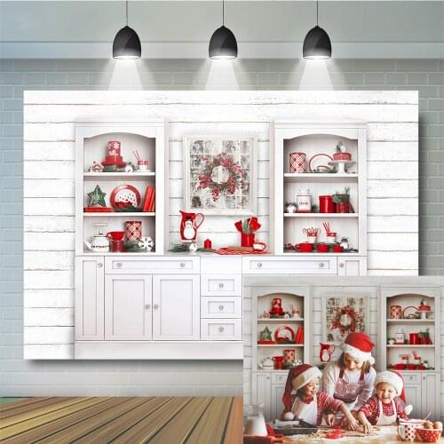 Christmas Photography Background White Cupboard Kitchen Backdrop Gifts Red Tableware Winter Birthday PartyBackground Prop