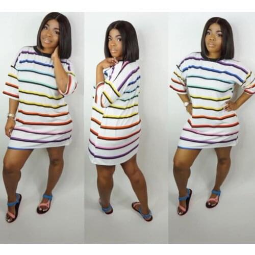 Y5095 Summer womens hot-selling high-end young elegant sexy white striped five-point sleeve thin mini loose dress