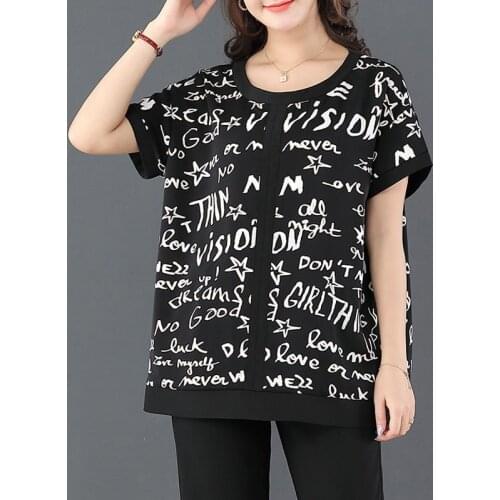 Plus Size Women Spring Summer Blouses Shirts Lady Casual Short Sleeve O-Neck Letter Printed Blusas Tops ZZ0267