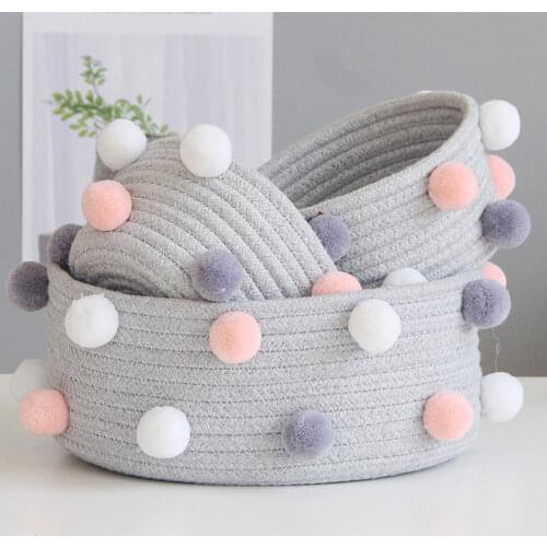 1PCS Cotton Pom Storage Basket Handmade Woven Dirty Laundry Basket Kids Toys Desk Sundries Organizer Basket