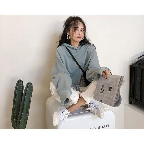 Women spring and autumn thin new Korean ins trend student loose solid color Hoodie college style
