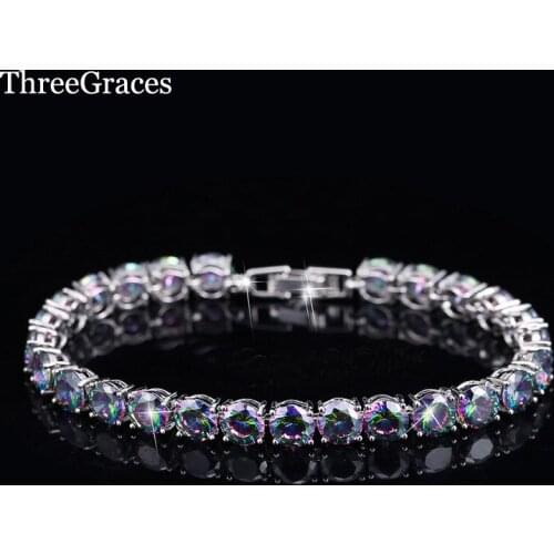 ThreeGraces Luxury White Gold Color 6mm Round Shape Fire Mystic Rainbow Cubic Zirconia Bracelets Jewelry for Women BR027