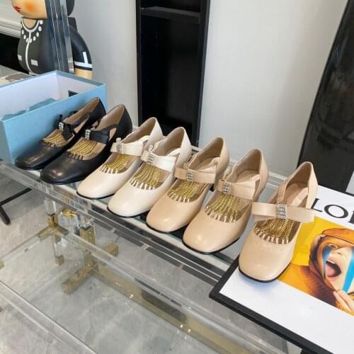 2021 New Summer Women Flats Round Toe Women Shoes Mary Janes Shoes Chain Decor Flats Woman Fashion High Heels Genuine Leather