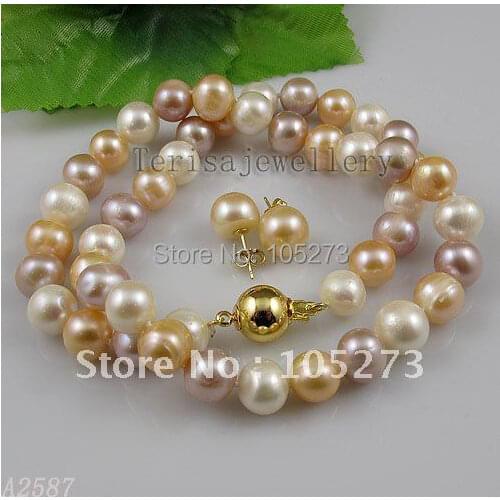 Amazing!pearl jewelry set Multicolor Genuine Freshwater pearl necklace &earring womans jewelry Free shipping A2587