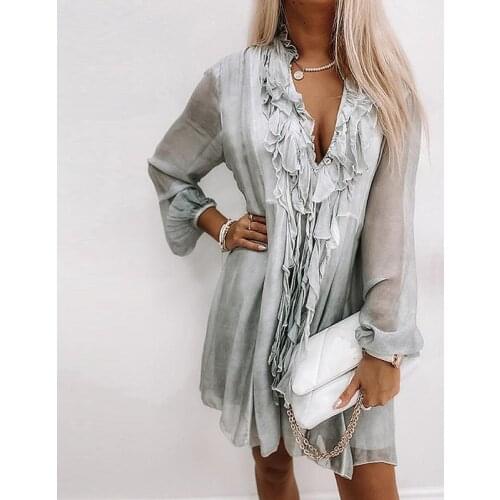 Women V Neck Ruffle Pink Dress Autumn Casual Loose Knee Length Dress 2021 Elegant Office Female See Through Long Sleeve Vestidos