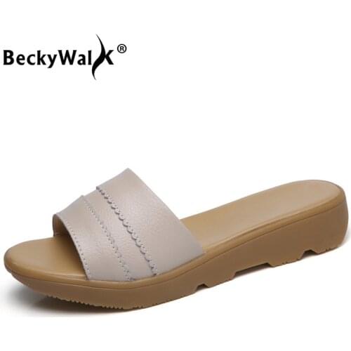BeckyWalk Sandals Women Wedge Shoes Genuine Leather Platform Sandals Ladies Slides Female Slipper Sandals Summer Shoes WSH2720