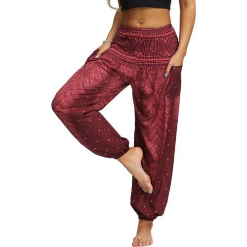 High Waist Long Pants Women Loose Thai Harem Trousers National Style Festival Hippy Smock Small Boho Print Lantern Pants