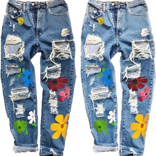 High Waist Fresh Floral Print Trousers Female Casual Hole Ripped Jeans Streetwear Trendy Wild Straight Pants with Pockets