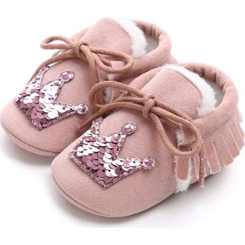 Toddlers Suede PU Leather Shoes Xmas Baby Shoes Moccasins Sequins Crown Infant Prewalker Soft Soled Baby Shoes