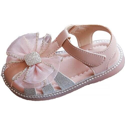Baby Baotou Kick-proof Kids Sandals Children Breathable Shoes Kids Hook Loop Shoes Girls Bowknot Soft Bottom Sandals Size21-30