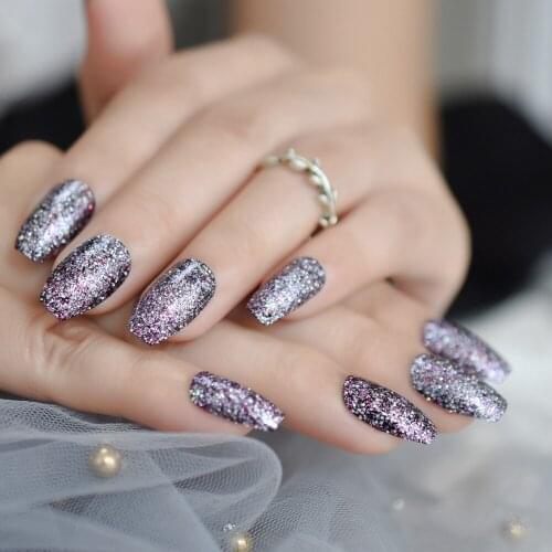 Artificial Nail Coffin Nail Art Kit Purple Glitter Nail Accessories Medium For Women Hot Sale Sparkling Fake Nail 24pcs