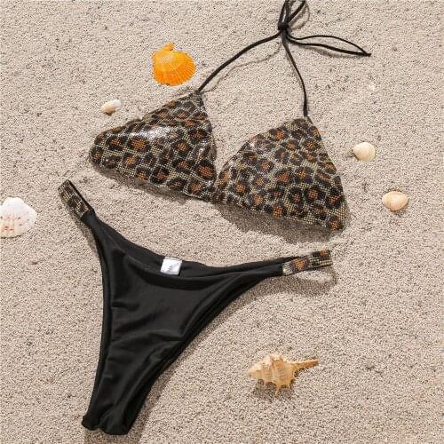 Sexy Strap Diamond Bikini Water Drill Swimsuit High Waist Leopard Push Up Bathing Suit New