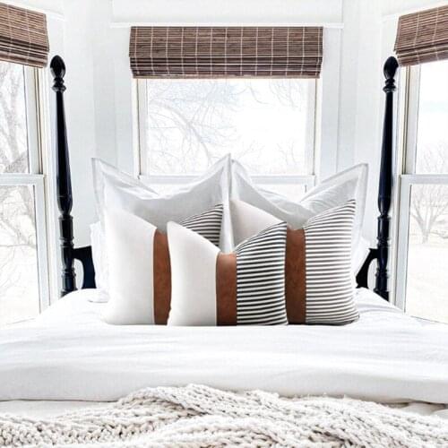 Farmhouse Stripe Patchwork Linen Pillow Case Faux Leather Accent Cushion Cover