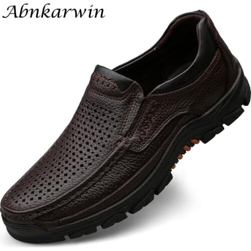 Summer Autumn Casual Men Leather Shoes Slip-On Black Brown Breathable Hard-Wearing 2021 Hot Sale