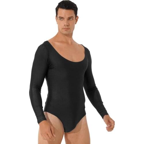 Mens Solid Color Stretchy Romper Jumpsuit Round Neck Long Sleeve Bodycon Bodysuit Sport Workout Gym Fitness Leotard Catsuit