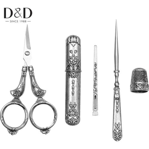 5pc/Set Sewing Scissors Set Vintage Sewing Kit Embroidery Tool Alloy Awl Threader Thimble Needle Case Sewing Kits
