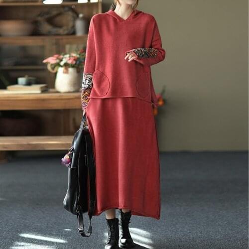 NINI WONDERLAND 2021 Autumn Winter Patchwork Hooded Sweater Two Piece Set Women Knit Sweaters Midi Skirt 2 Piece Sets Vintage