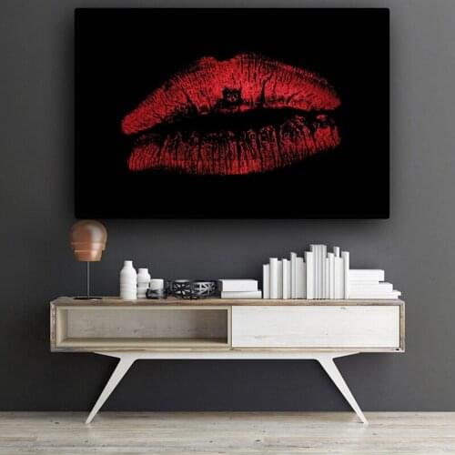 Sexy Woman with Red and Blue Lips on A Black Background Dresses Up As A Poster Print Oil Painting Wall Pictures for Living Room